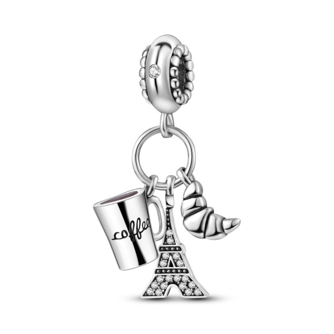 Paris Eiffel Tower Coffee Croissant Dangle Charm with coffee mug, croissant, and sparkling Eiffel Tower.