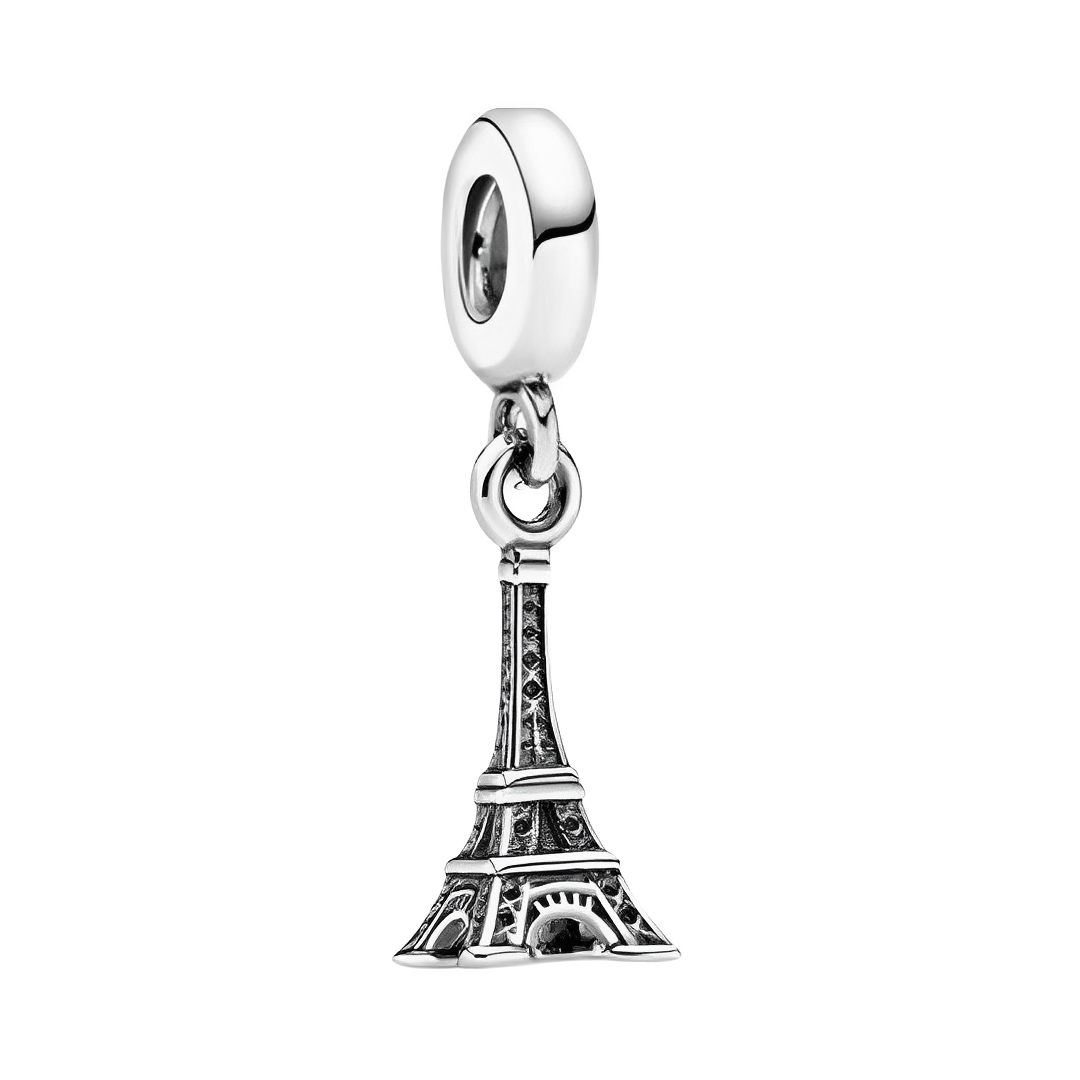 Paris Eiffel Tower Silver Dangle Charm featuring intricate details of the iconic Eiffel Tower.