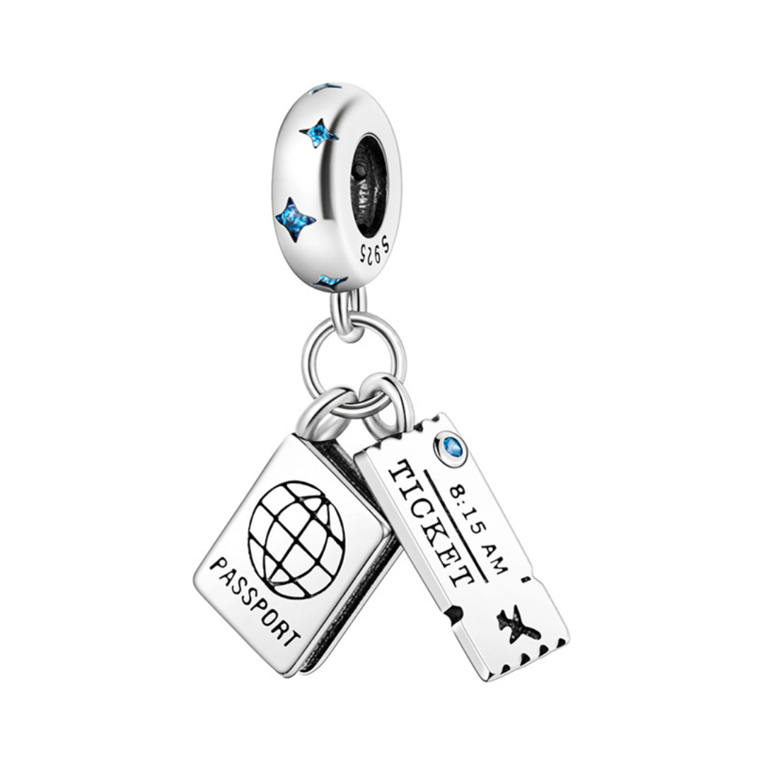 Passport and Boarding Ticket Travel Dangle Charm features a silver passport and boarding ticket with blue star bail.