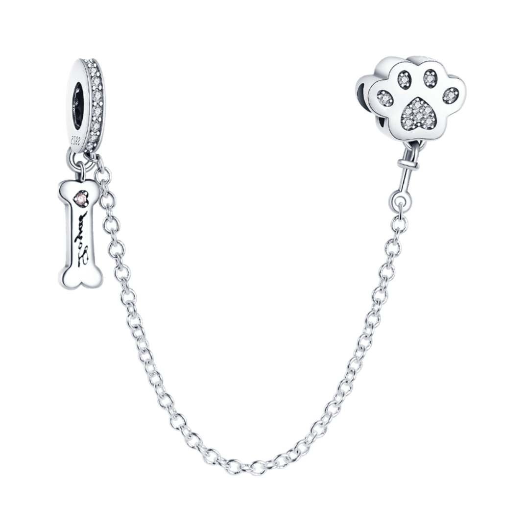 Paw Print And Bone Safety Chain featuring a sparkling paw print and engraved bone on a delicate chain.