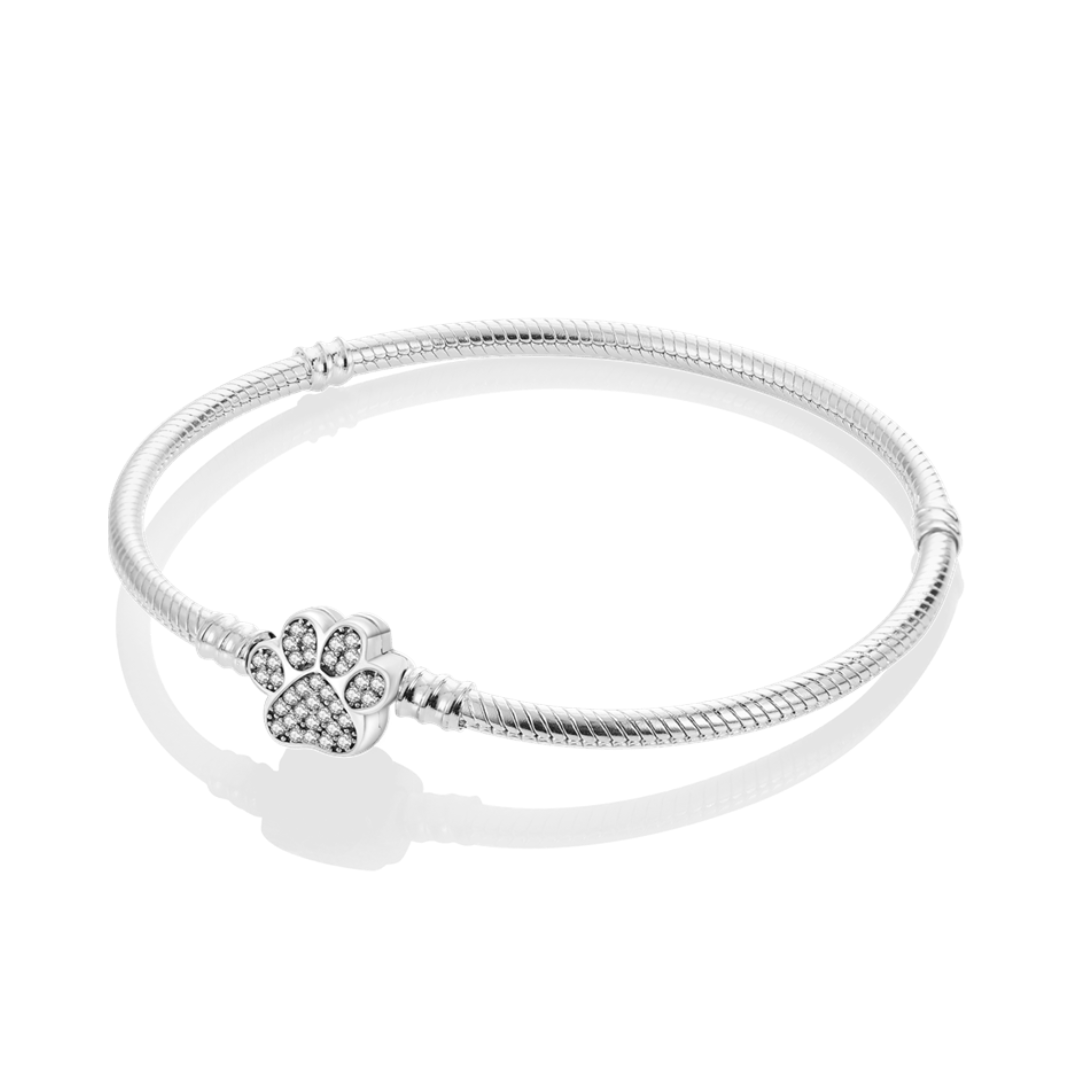 Paw Print Clasp Snake Chain Bracelet showcasing a sparkling paw print clasp on a smooth snake chain.