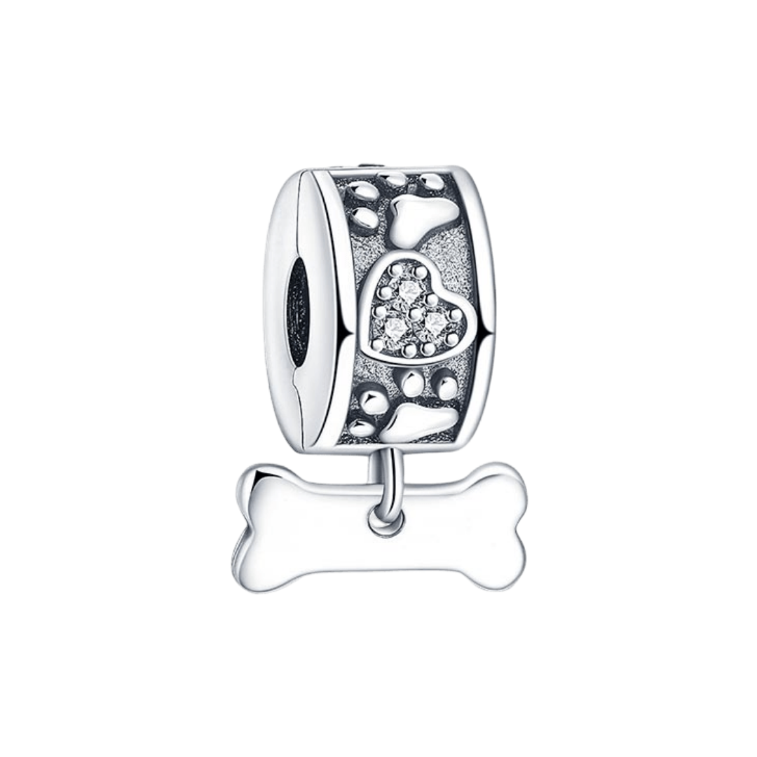 Paw Print & Dog Bone Clip Charm featuring a silver charm with paw prints and a bone, perfect for dog lovers.