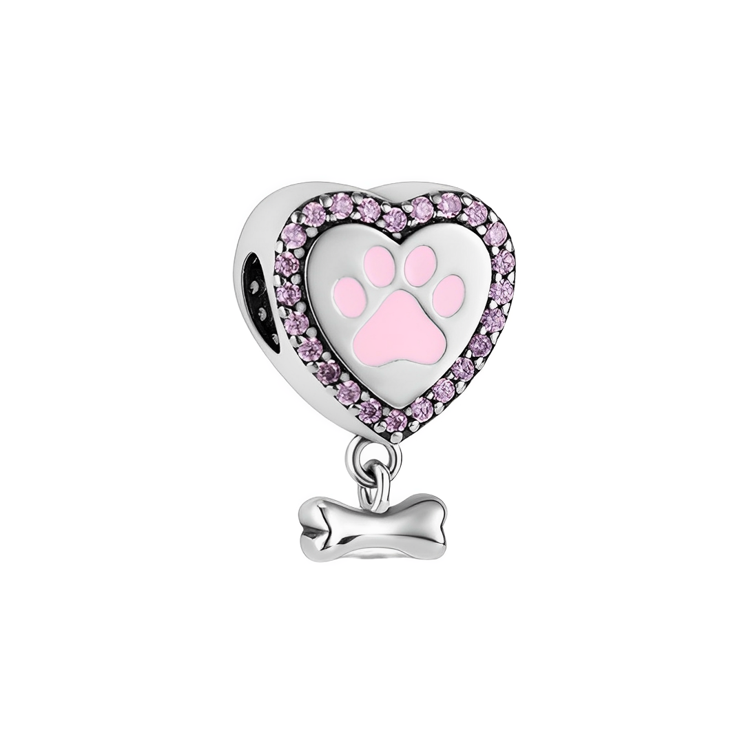 Paw Print Heart And Bone Dangle Charm featuring a pink paw print and sparkling stones, with a bone dangling below.