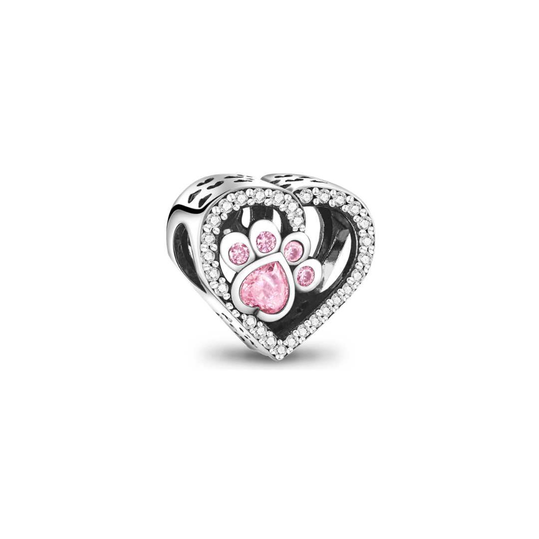 Paw Print Heart Charm featuring a pink paw print encircled in a sparkling heart design.