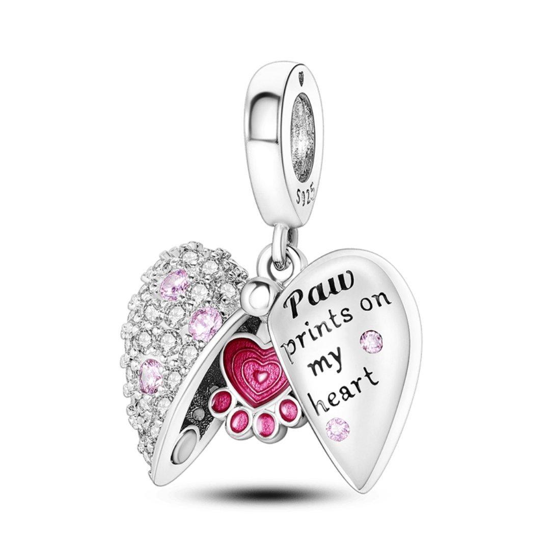 Paw Prints On My Heart Locket Dangle Charm featuring pink stones and hidden enamel paw print.