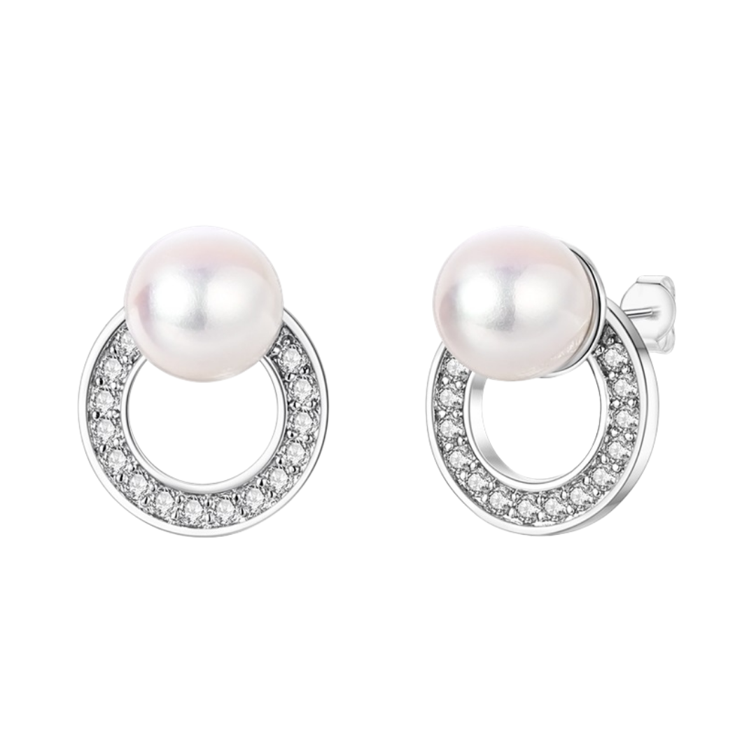 Pearl Circle Stud Earrings featuring classic pearls in a modern design with sparkling accents.