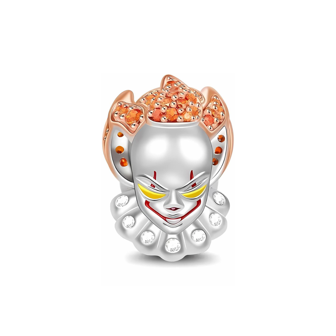 Pennywise IT Clown Face Sparkling Charm with orange sparkling stones and glowing yellow eyes.