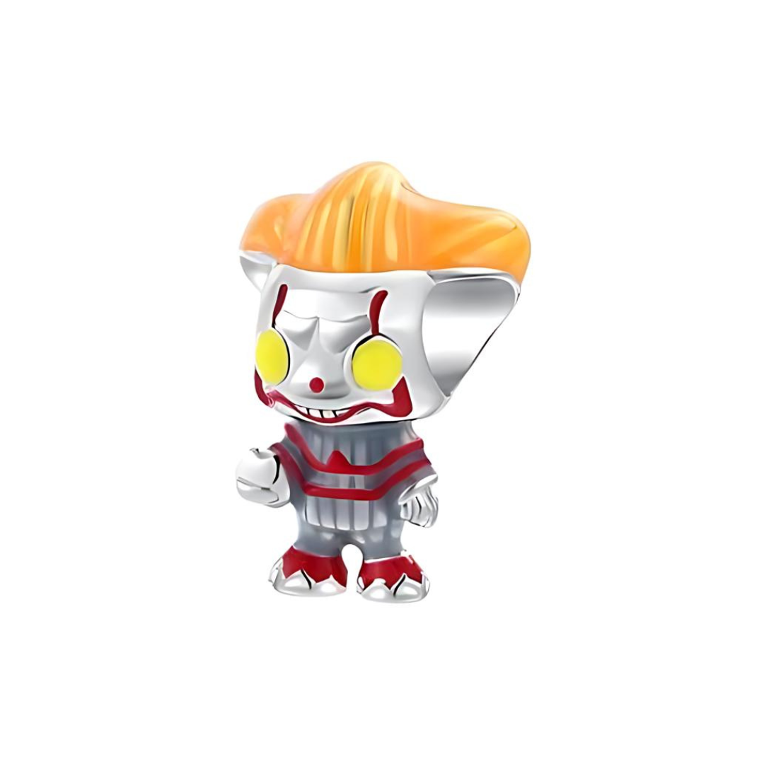 Pennywise IT Clown Horror Charm in chibi design with orange hair, yellow eyes, and ruffled suit.