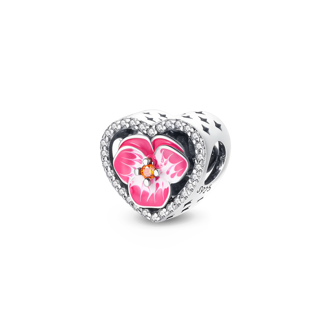 Pink Blossom Heart Flower Charm with pink and white enamel, amber center, and sparkling halo in openwork silver heart.
