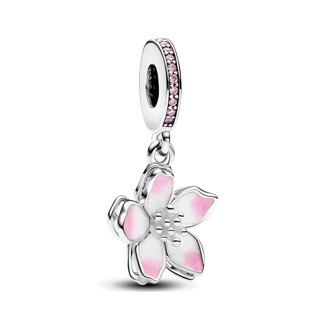Pink Cherry Blossom Dangle Charm featuring soft pink and white enamel petals with sparkling clip bead.