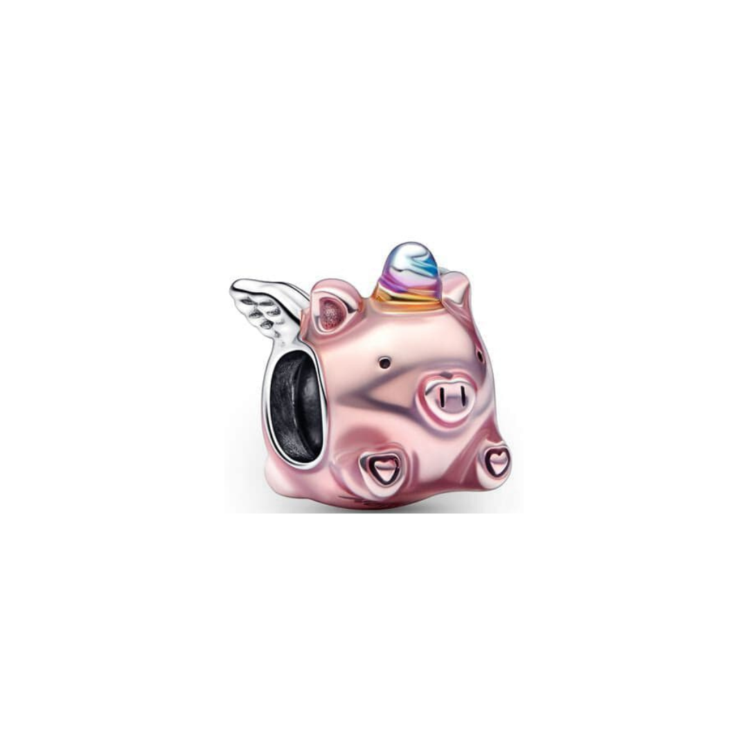 Pink Flying Pig Unicorn Charm with silver wings and rainbow unicorn horn, perfect for whimsical jewelry lovers.