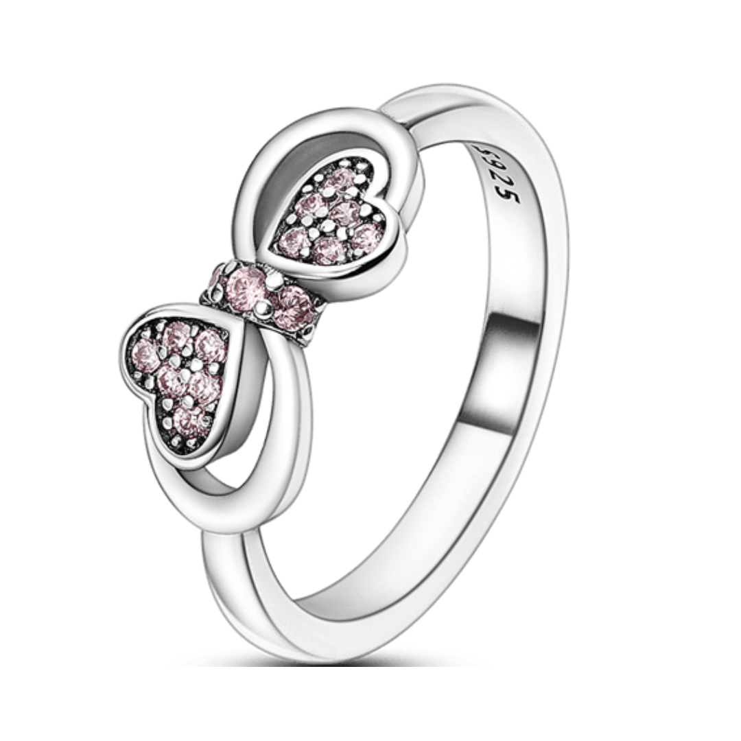 Pink Heart Bow Sparkling Ring ( Discontinued ) featuring sterling silver and pink zircon heart shapes.