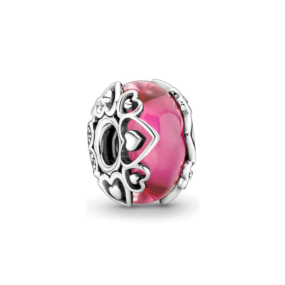 Pink Murano Glass Heart Charm featuring intricate silver heart frame and vivid pink glass.