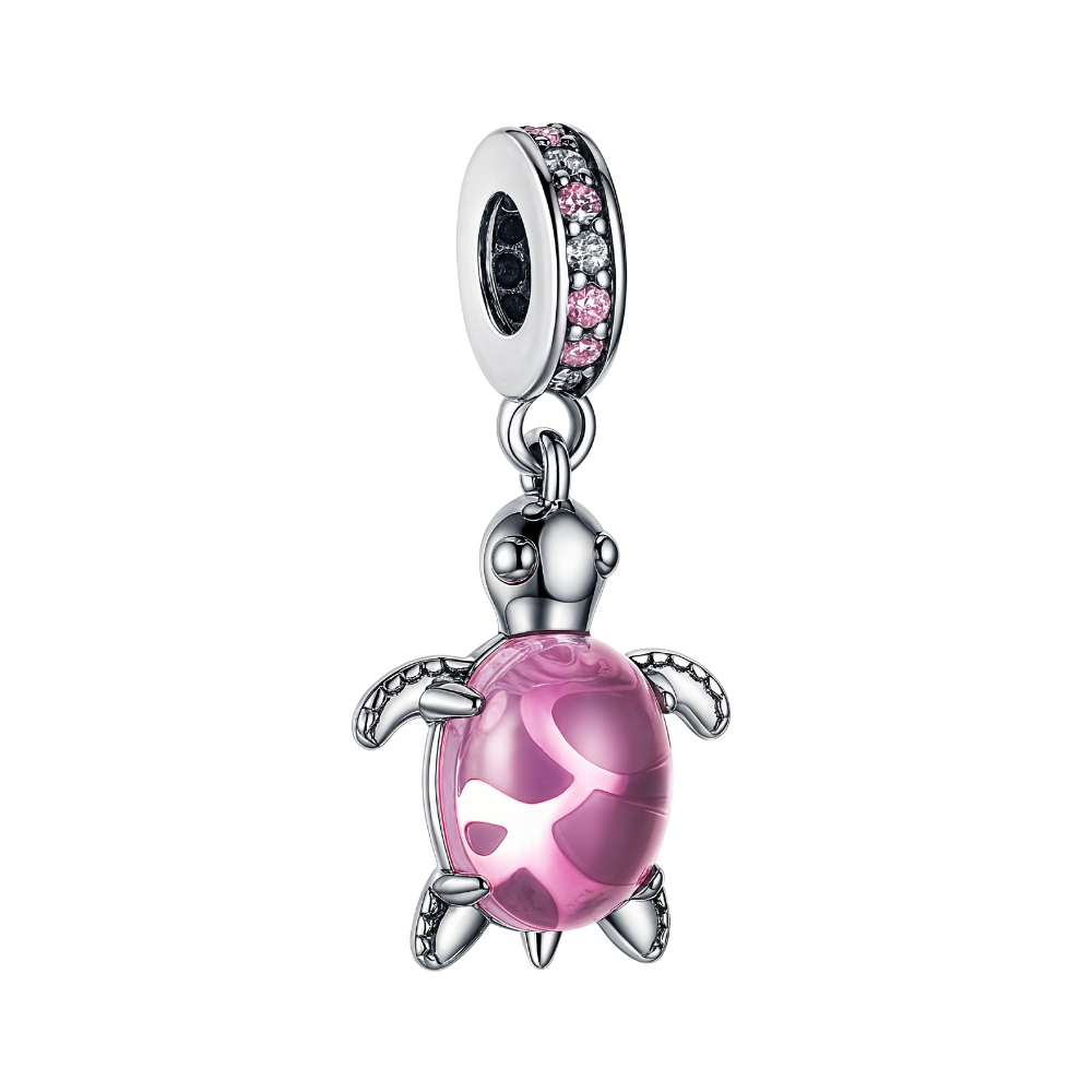 Pink Murano Glass Sea Turtle Dangle Charm featuring a vibrant pink glass shell and intricate silver detailing.