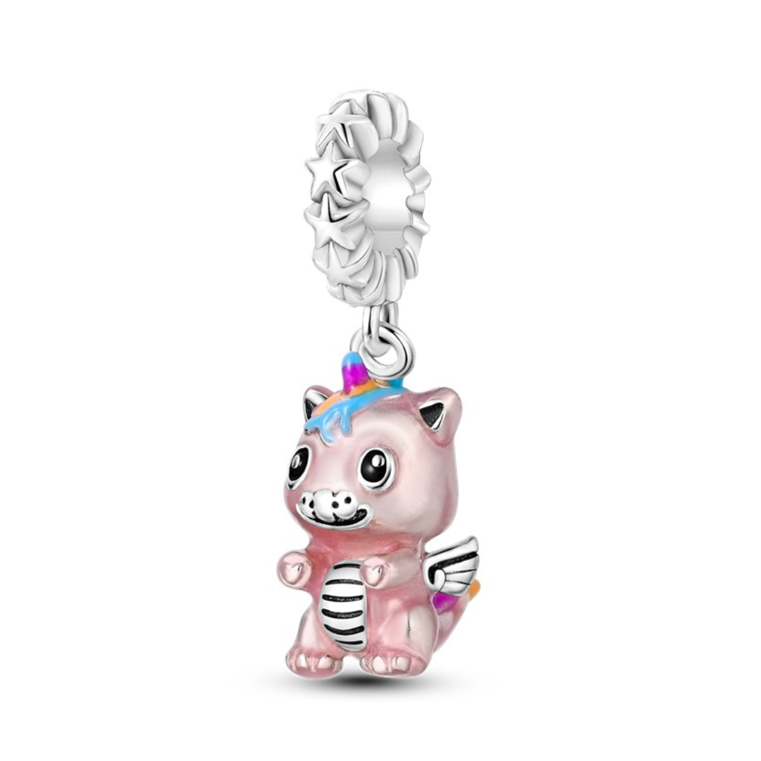 Pink Rainbow Unicorn Dino Dangle Charm with a colorful design and silver wings, perfect for adding whimsy to any jewelry collection.
