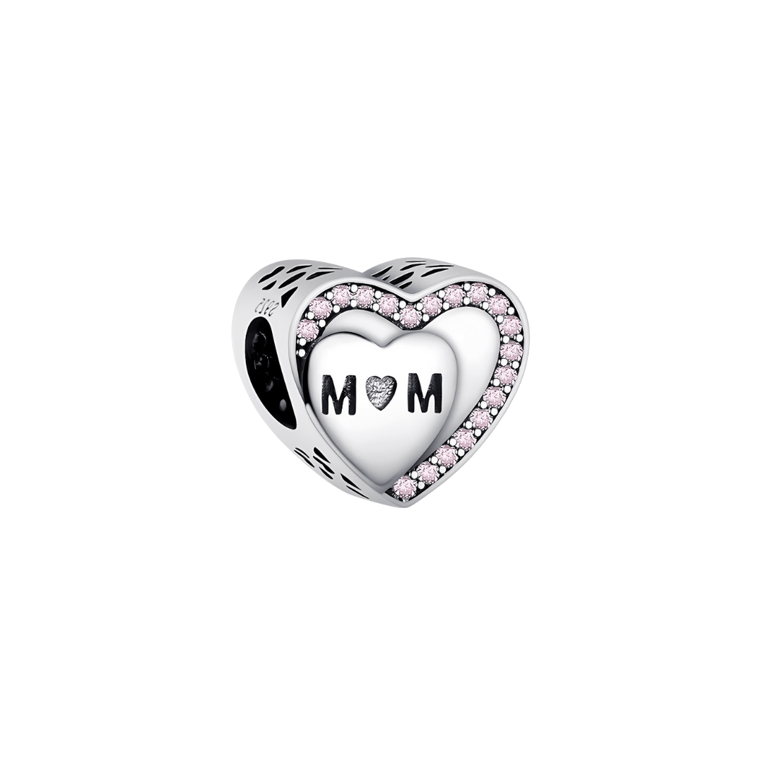 Pink Sparkle MOM Heart Charm ( Discontinued ) featuring sparkling pink stones and engraved MOM design.