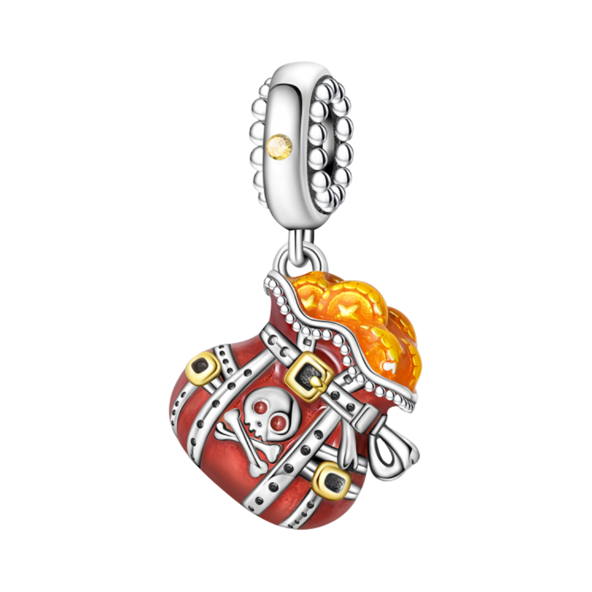 Pirate Treasure Sack Dangle Charm featuring a vibrant red sack with golden details and treasure.