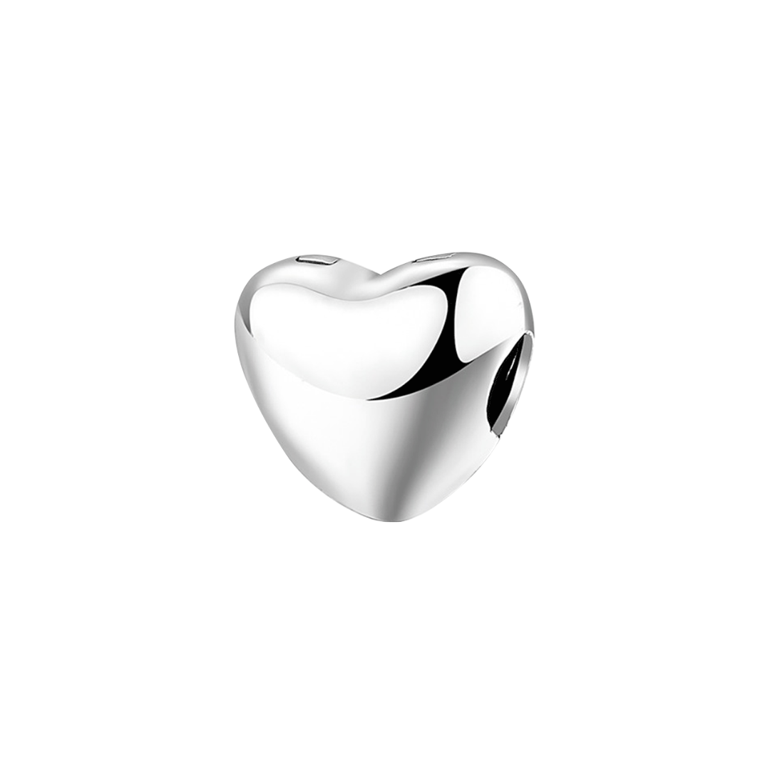 Polished Silver Heart Clip Charm, sleek and mirror-polished design, perfect for charm bracelets.
