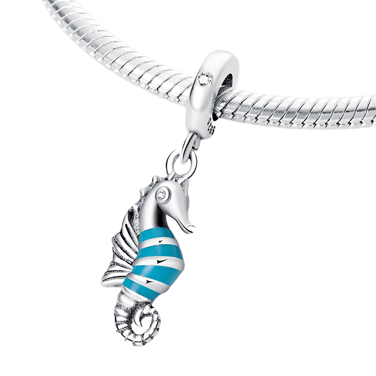 Sea Dancer Seahorse Dangle Charm featuring detailed teal enamel and silver design on bracelet.