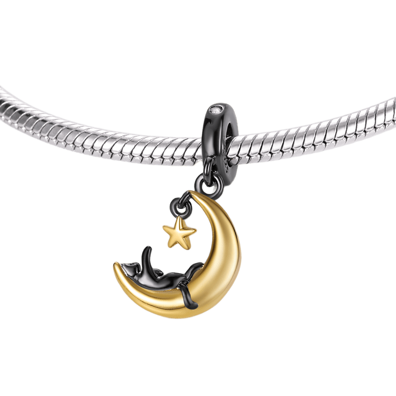 Cat On The Moon Dangle Charm featuring a cat silhouette and crescent moon with a star.