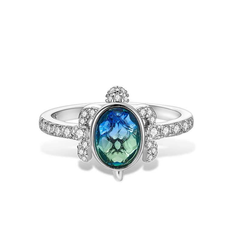 Zircon Turtle Ring (DISCONTINUED) featuring blue and green zircon, 925 sterling silver, turtle design with sparkling accents.