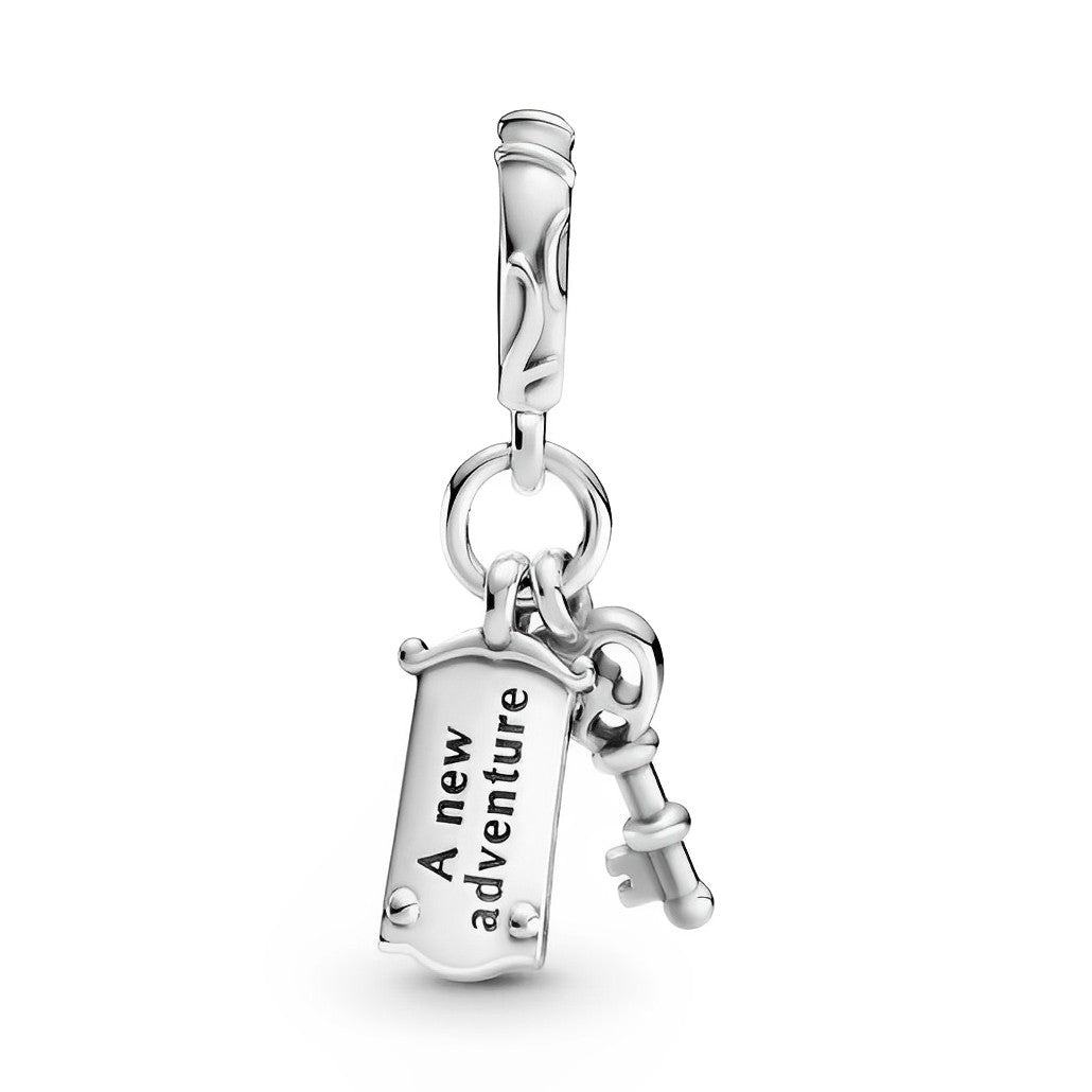 Disney Alice in Wonderland Key and Door Knob Dangle Charm featuring a silver key and tag with 'A new adventure' engraving.