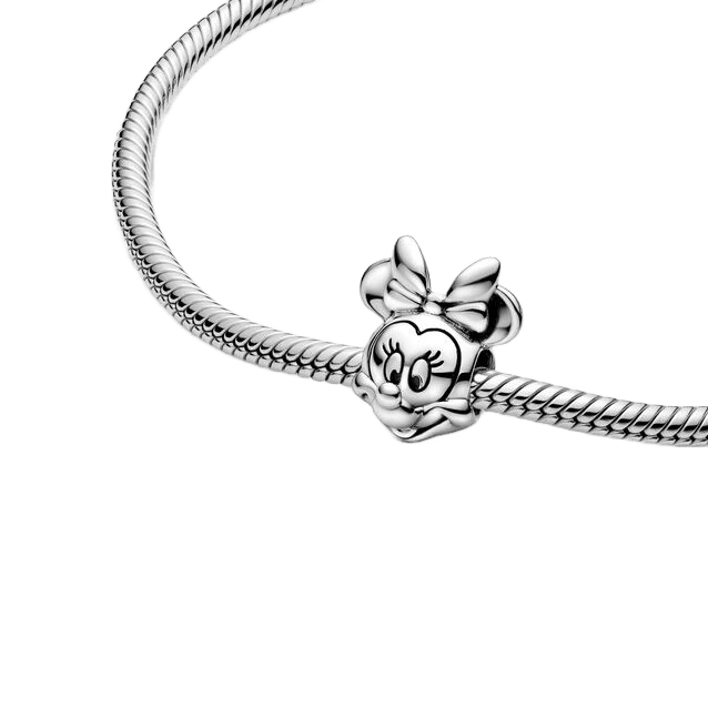 Disney Minnie Mouse Smiling Charm on a silver bracelet showcasing Minnie's joyful expression