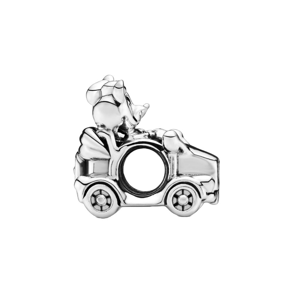 Disney Mickey and Minnie Love Car Charm featuring Mickey and Minnie in a vintage car, beautifully detailed in silver.