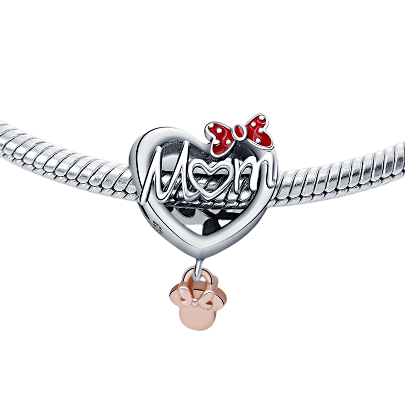 Disney Minnie Mouse Mom Heart Charm featuring a heart design and red bow, perfect for Mother's Day gifting.