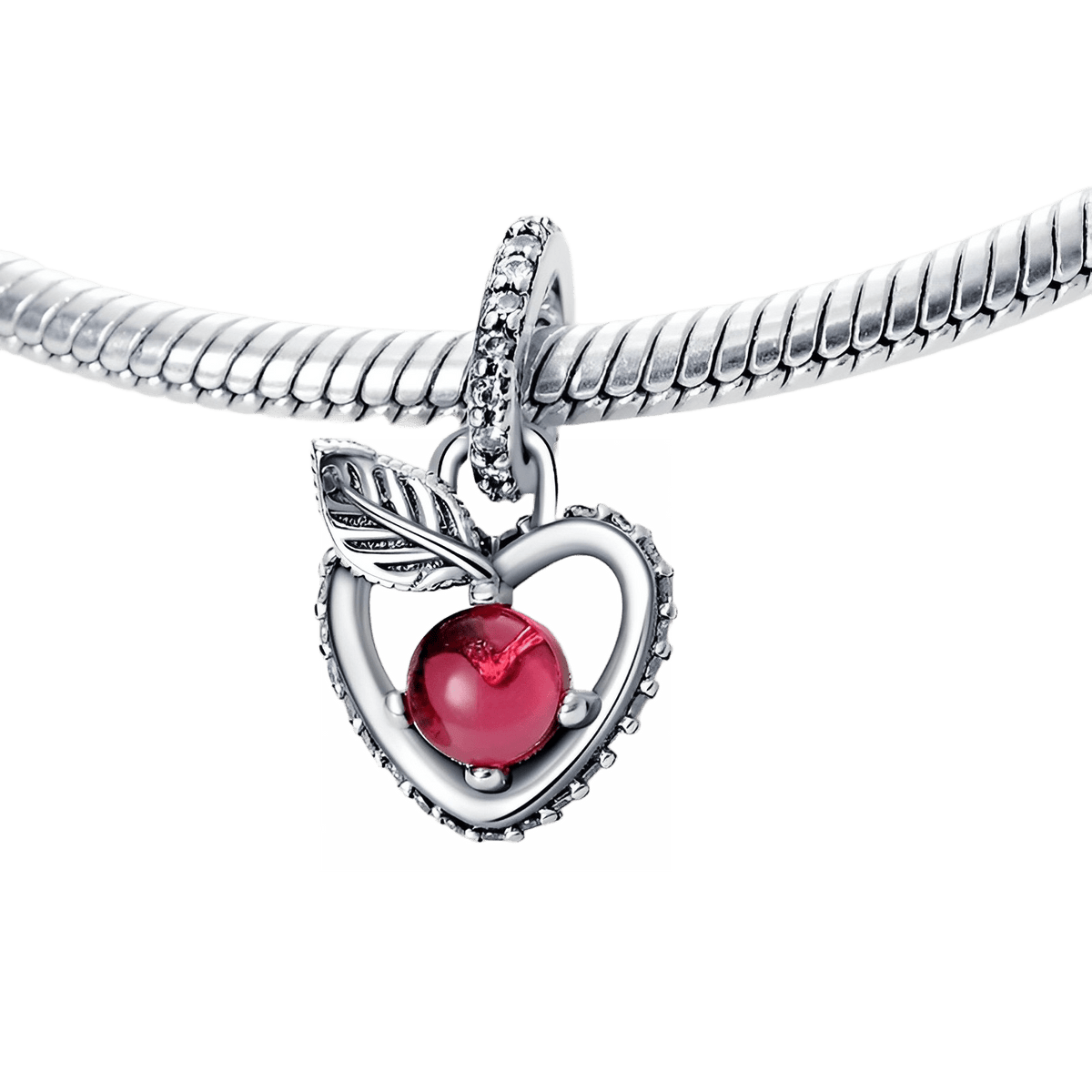 Disney Snow White Poison Apple Heart Sparkling Pendant with red glass apple and silver leaf detail.