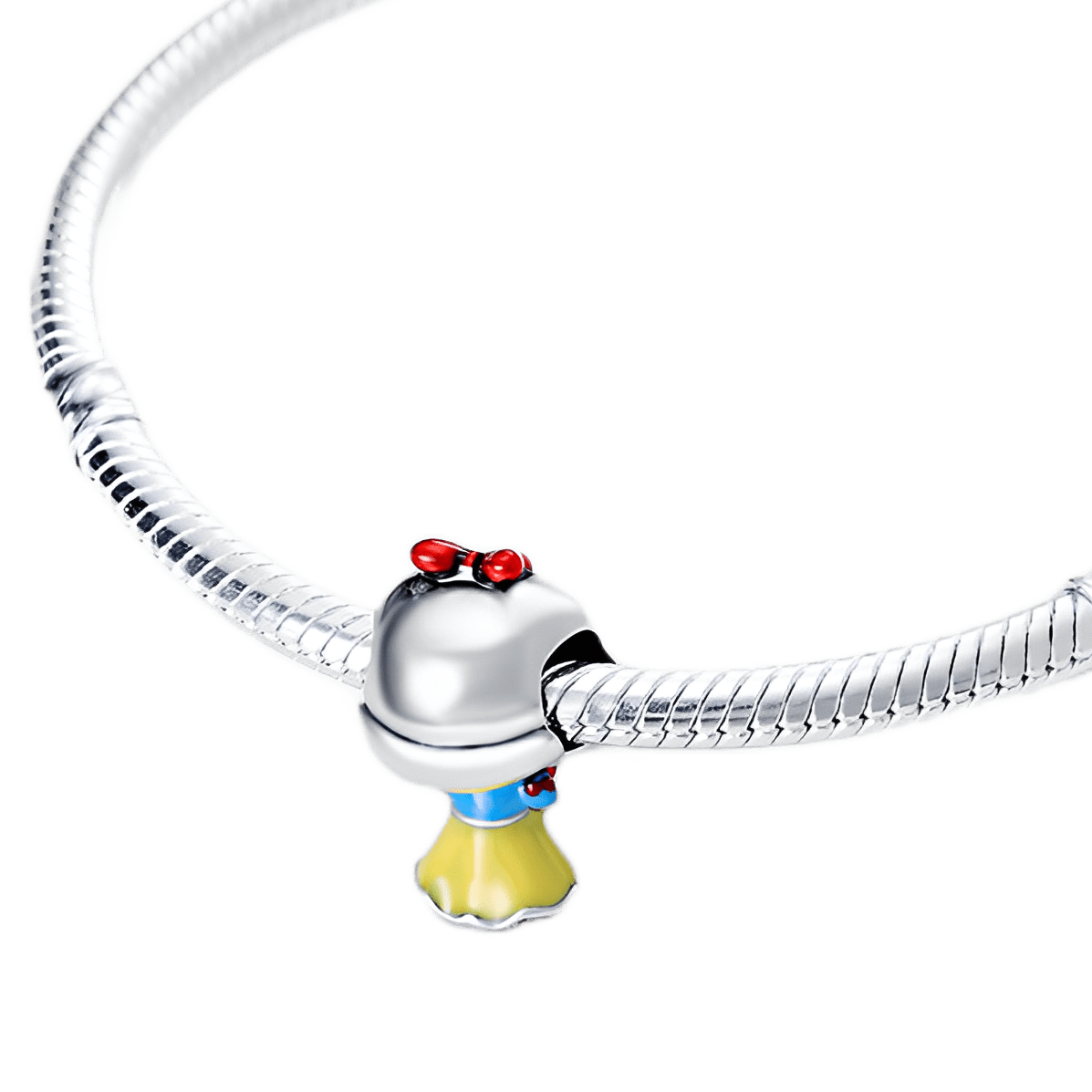 Disney Snow White Charm on a silver bracelet, featuring colorful enamel details and a classic design.
