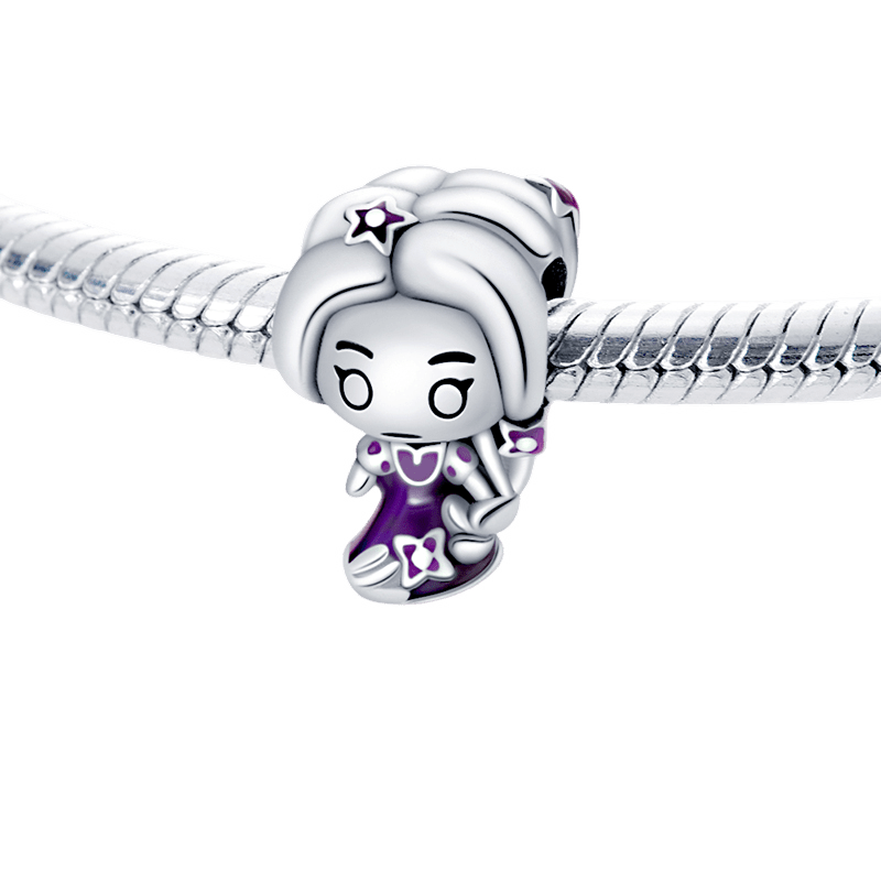 Disney Tangled Rapunzel Charm with silver hair and purple enamel dress on bracelet.