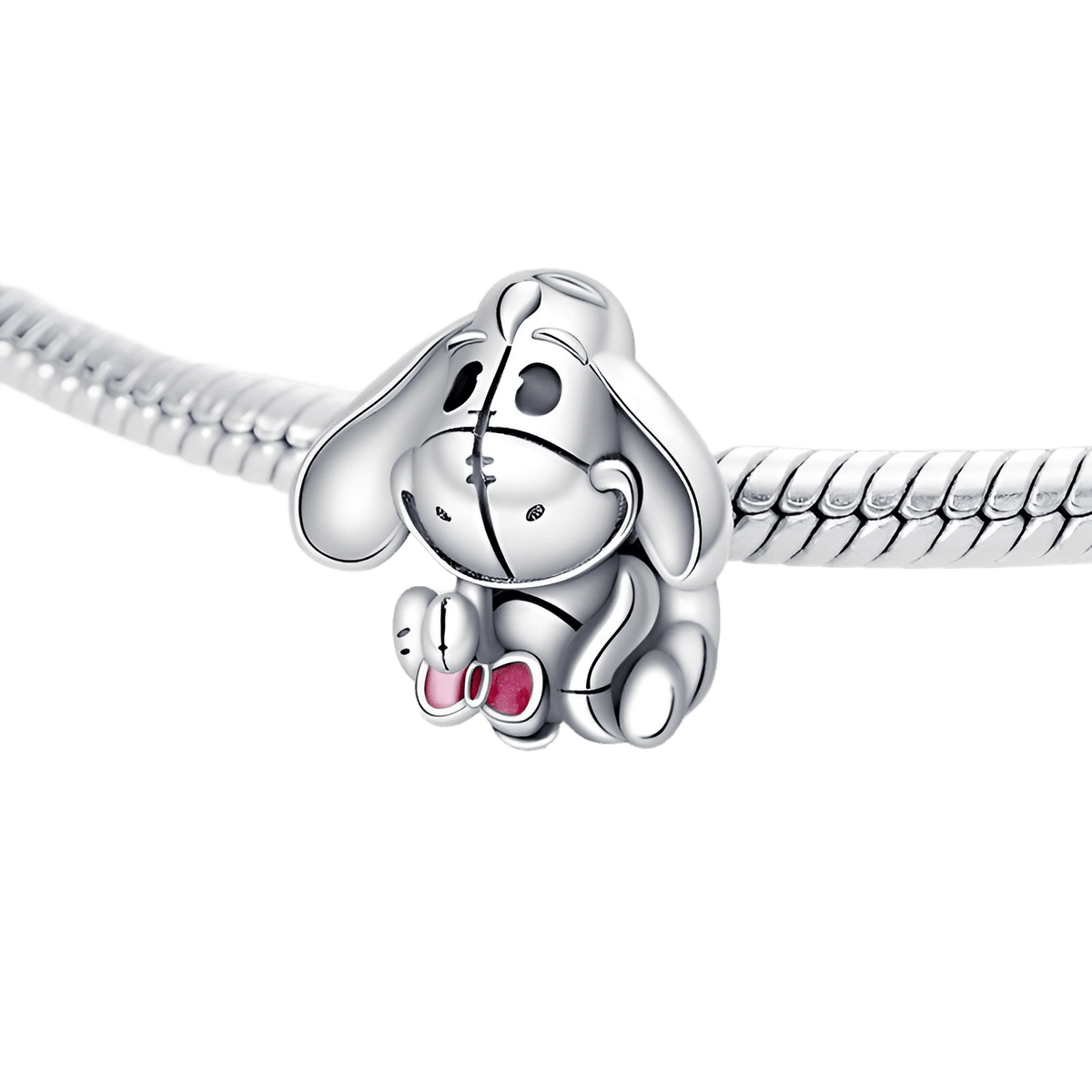 Disney Winnie the Pooh Eeyore Charm on a silver bracelet, perfect for Disney fans.
