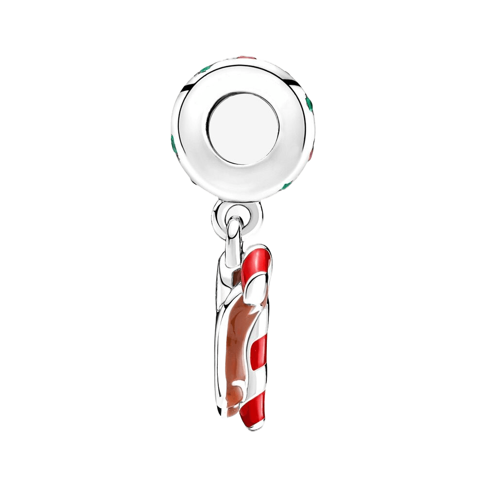 Gingerbread Man and Candy Cane Christmas Dangle Charm featuring a brown enamel gingerbread man and red and white candy cane.