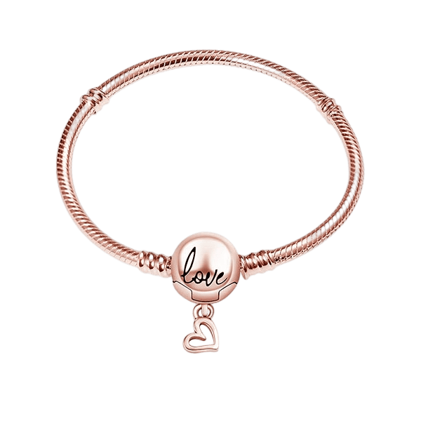 Rose Gold Love Heart Dangle Snake Chain Bracelet ( Discontinued) featuring a polished clasp and heart charm.