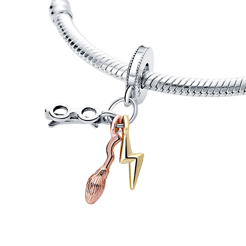 Harry Potter Glasses Lightning Bolt and Nimbus 2000 Dangle Charm on silver bracelet.