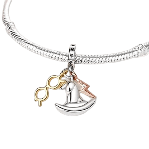 Harry Potter Glasses Sorting Hat & Lightning Bolt Dangle Charm on a silver bracelet, perfect for fans of the Wizarding World.