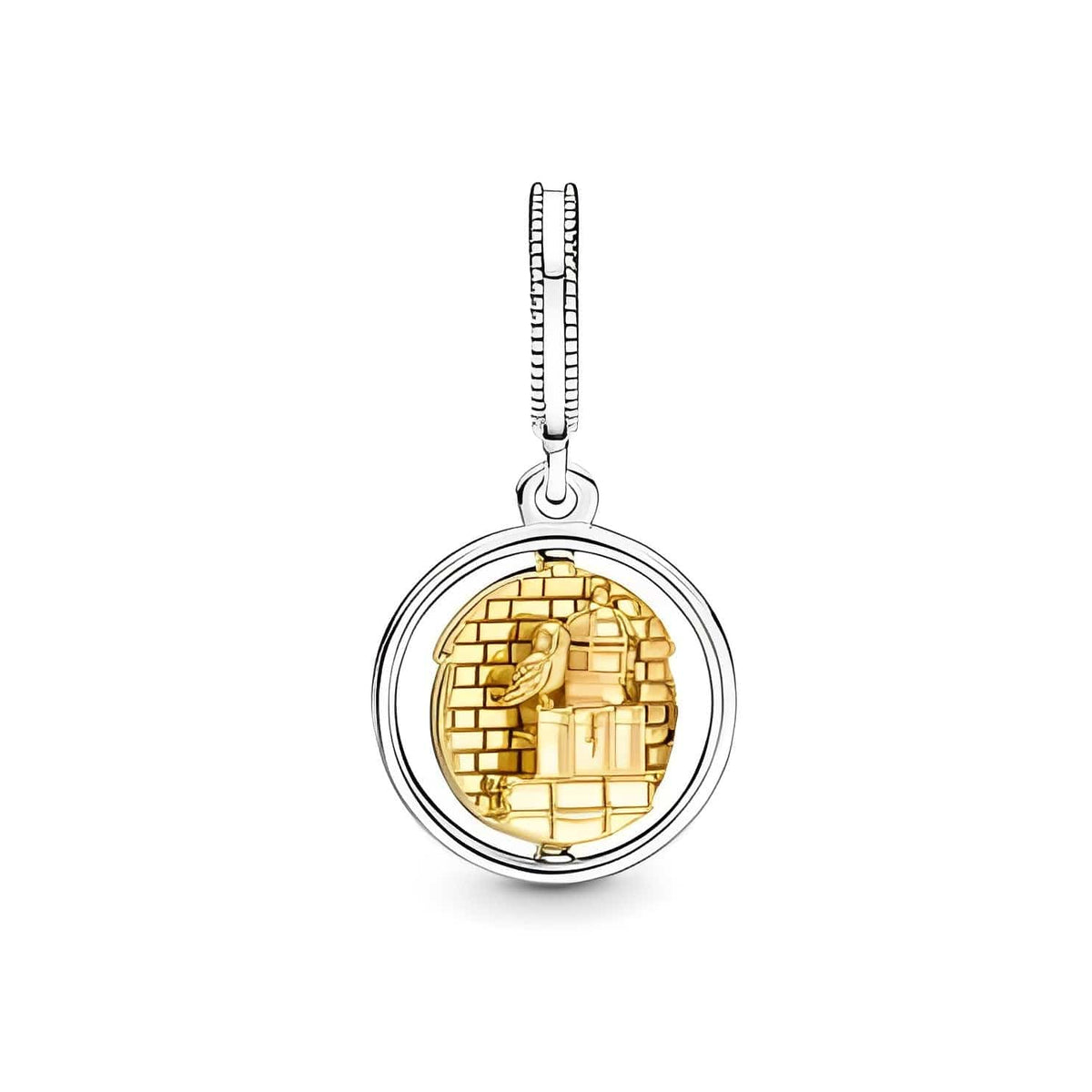 Harry Potter Platform 9¾ Dangle Charm featuring a golden brick wall design and a unique charm for fans.