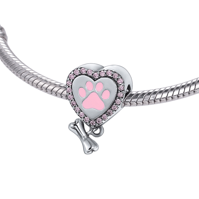 Heart Shaped Pink Paw And Bone Charm