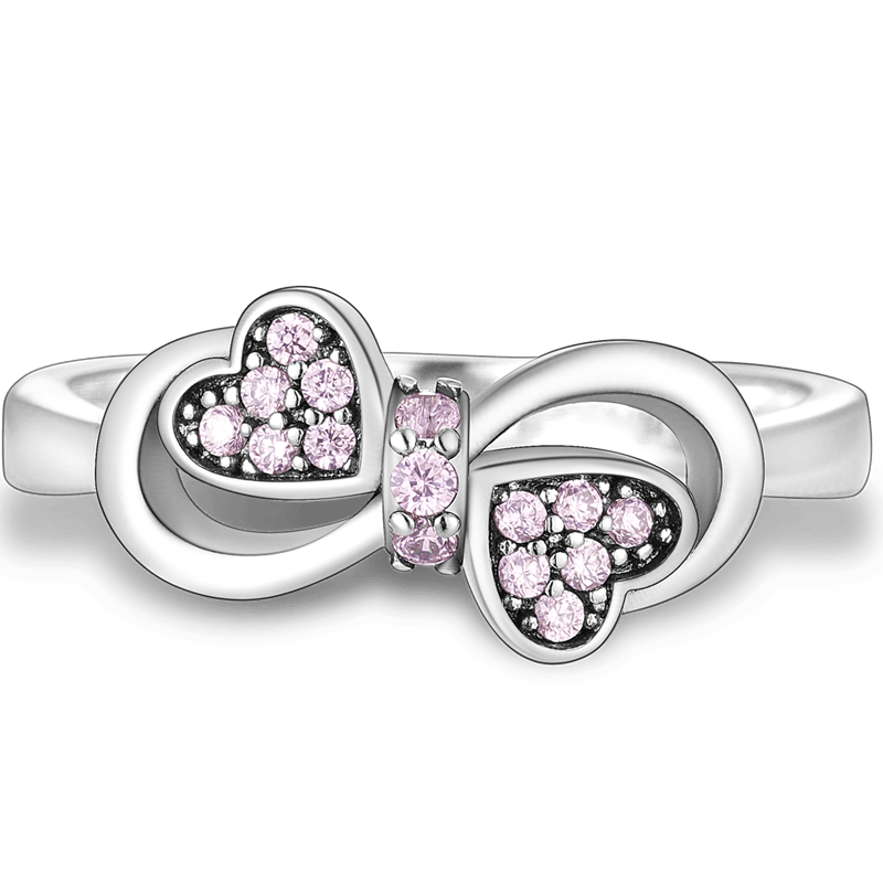 Pink Heart Bow Sparkling Ring ( Discontinued ) featuring pink zircon heart shapes and sterling silver design