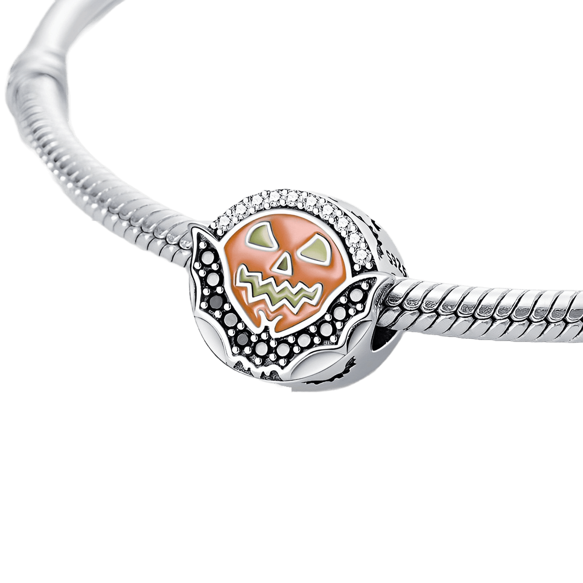 Jack O Lantern And Bat Circle Charm (DISCONTINUED) on a silver bracelet with intricate bat wings and sparkling zircons.