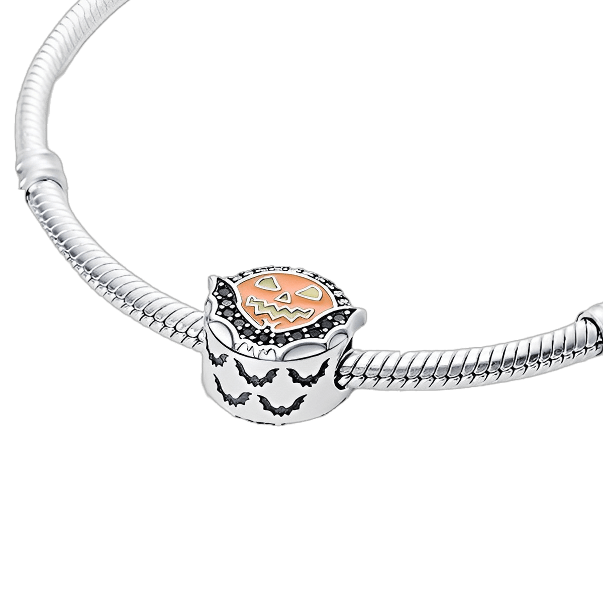 Jack O Lantern And Bat Circle Charm (DISCONTINUED) featuring a sterling silver design with bats and a pumpkin.
