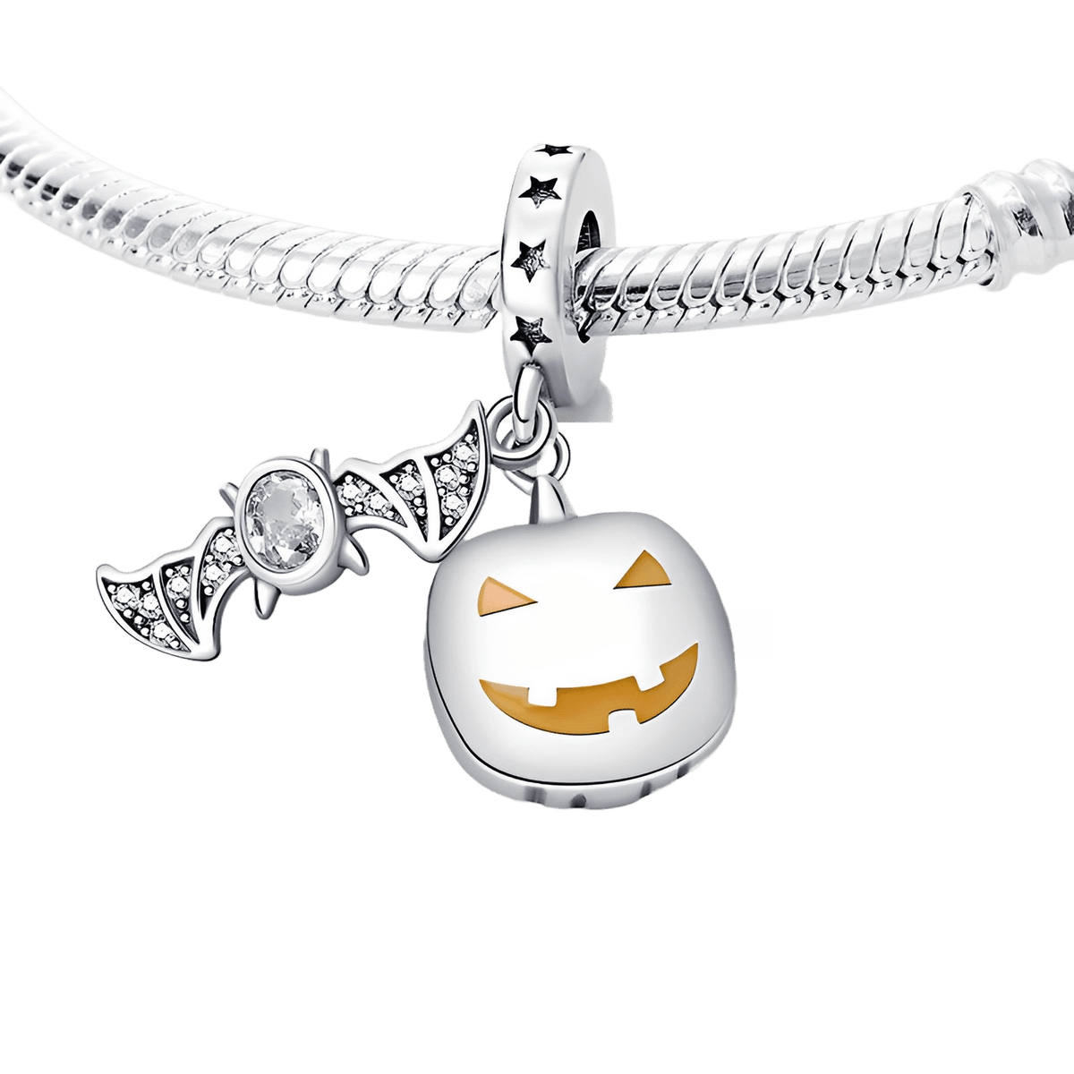 Jack O Lantern And Bat Dangle Charm (DISCONTINUED) featuring a playful pumpkin and sparkling bat design.