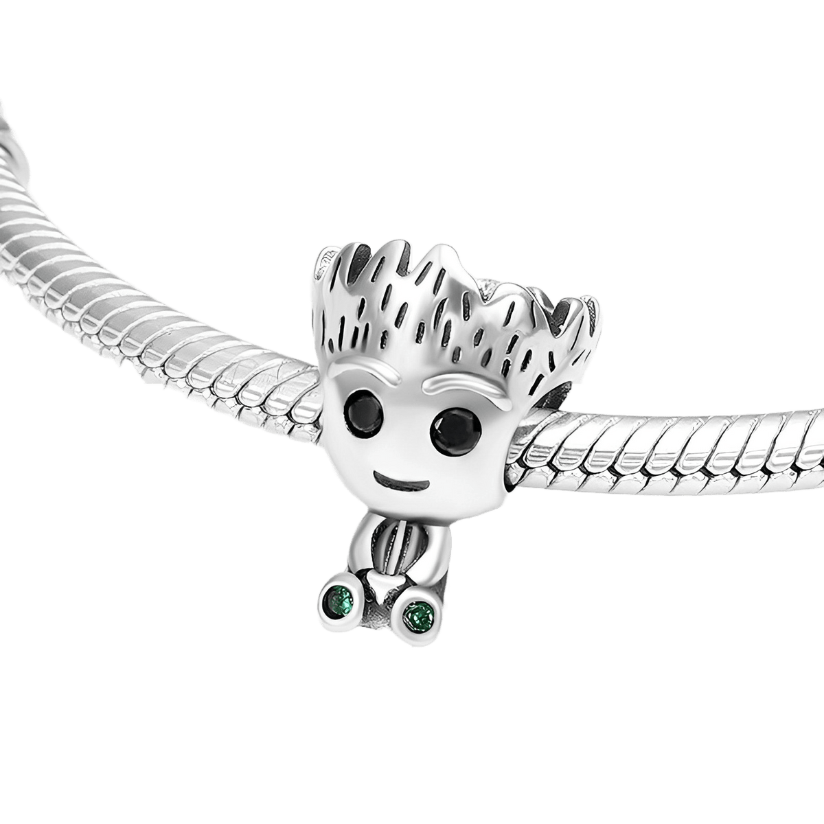 Marvel Guardians of the Galaxy Smiling Baby Groot Charm on a silver bracelet with green crystal accents.