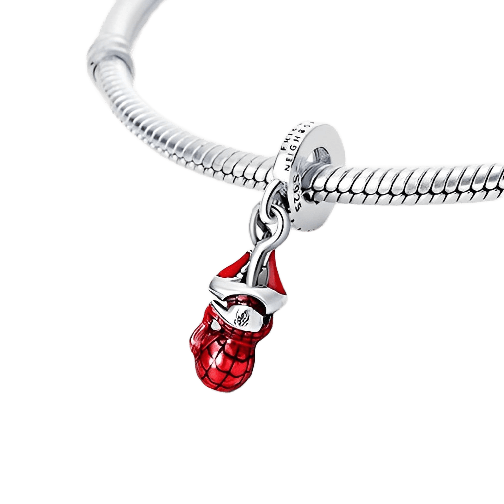 Marvel Hanging Spider-Man Dangle Charm on a silver bracelet, featuring intricate red enamel and a playful design.