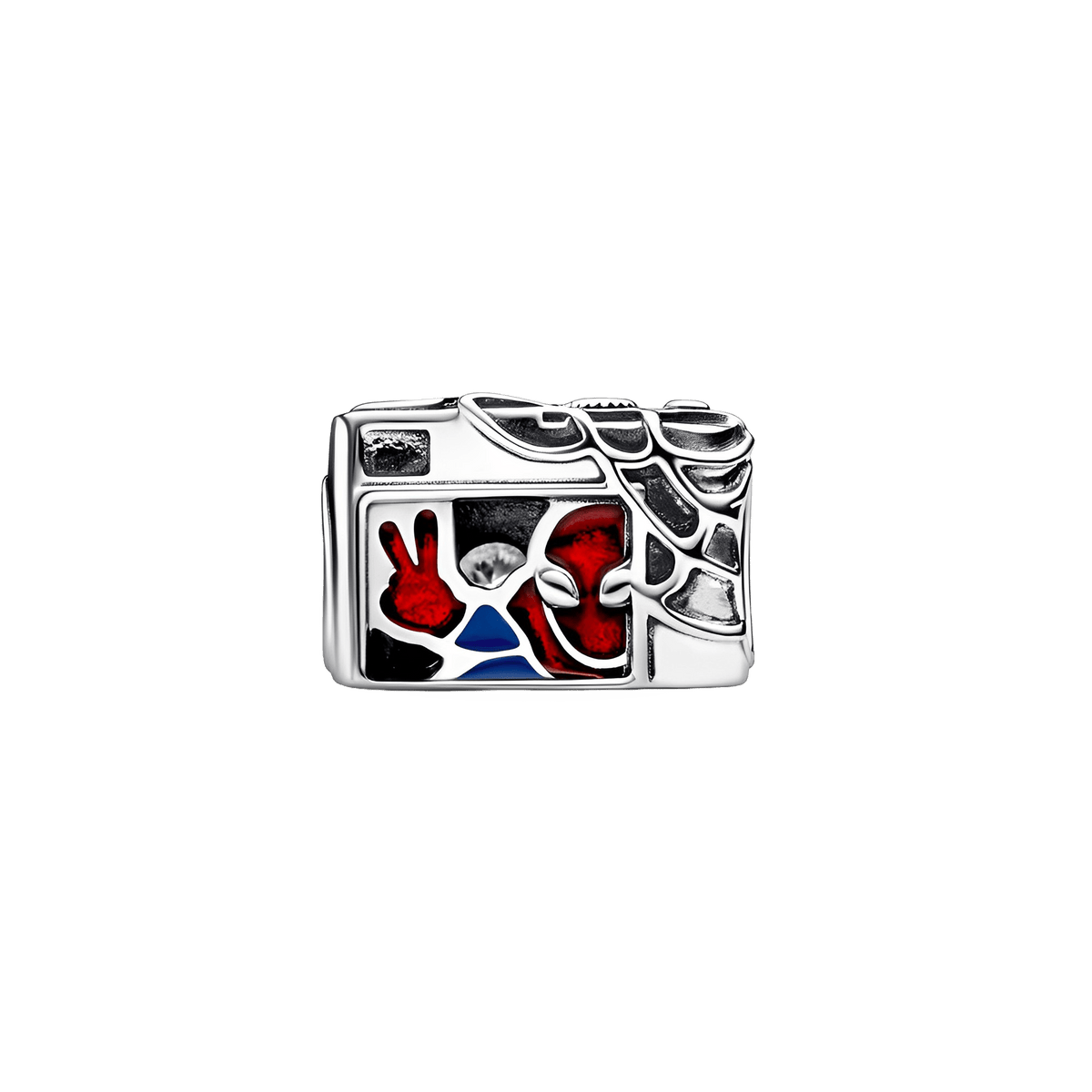 Marvel Spider-Man Selfie Camera Charm with spider web detailing and Spider-Man throwing a peace sign.