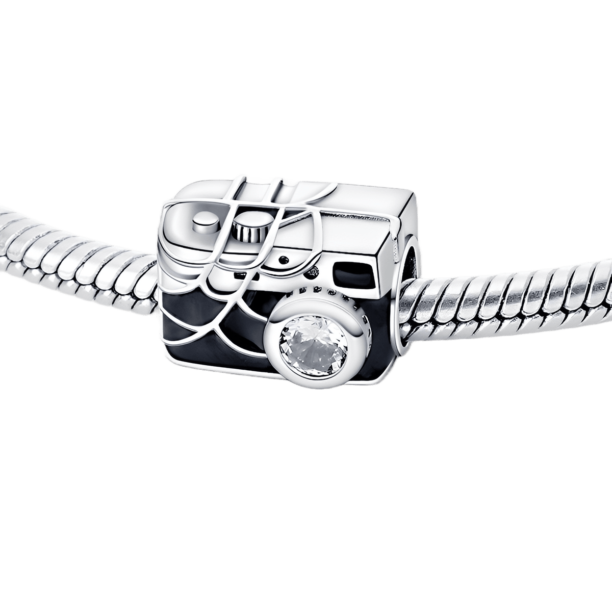 Marvel Spider-Man Selfie Camera Charm with crystal lens and spider web detailing on a silver bracelet.