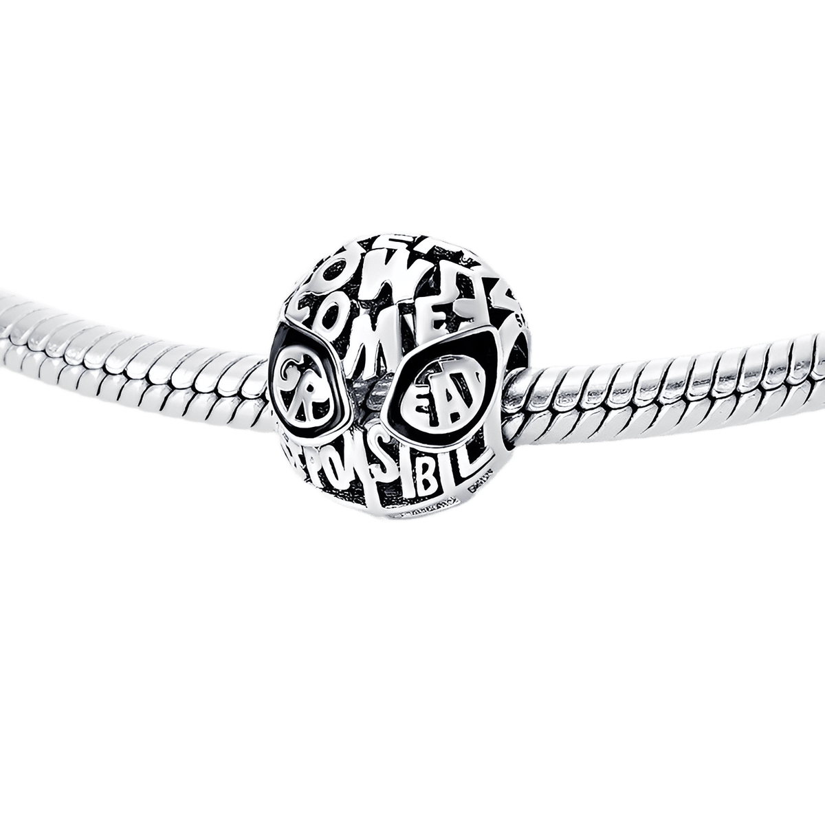 Marvel Spider-Man Great Power Quote Charm featuring Spider-Man's mask design with iconic phrases.