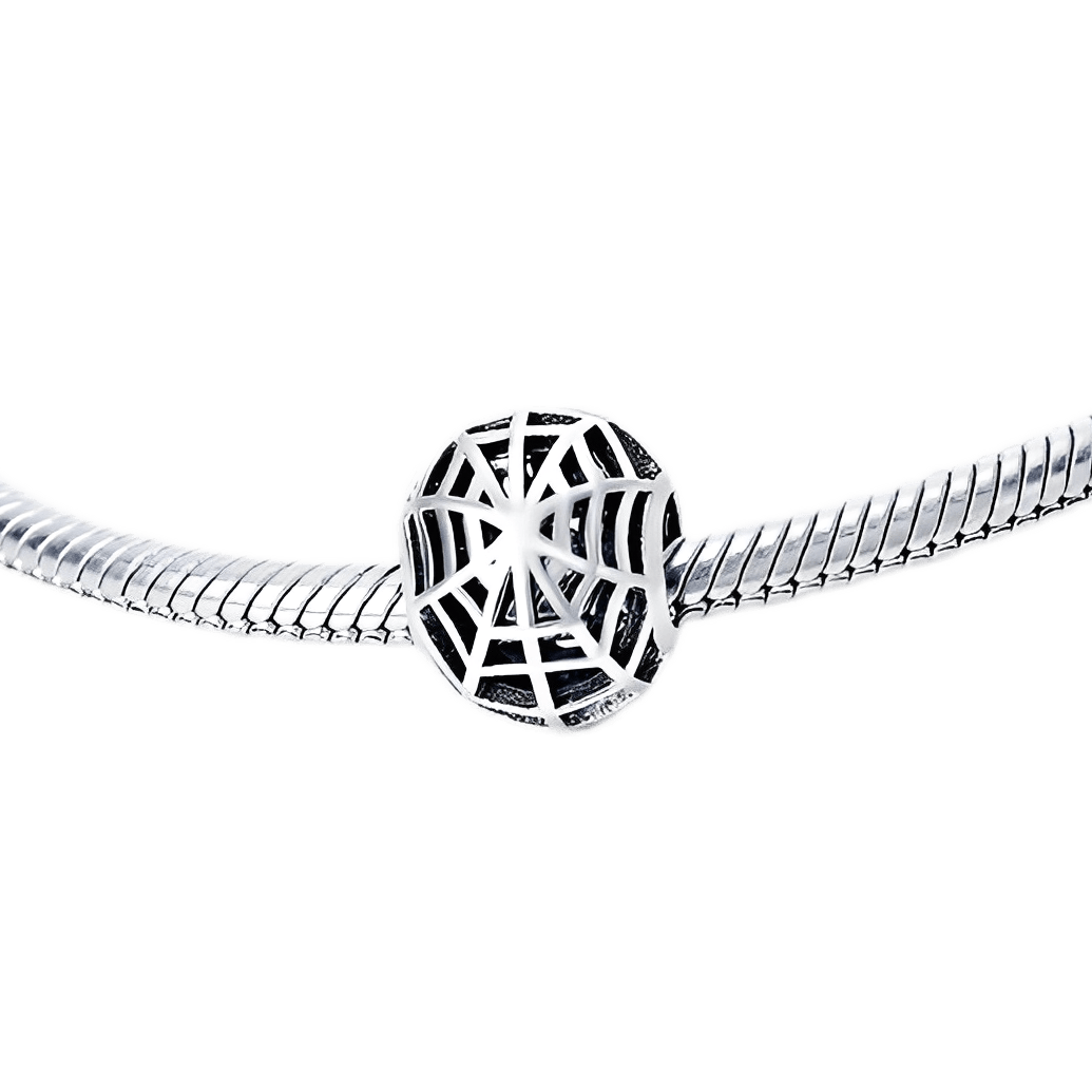 Marvel Spider-Man Great Power Quote Charm featuring a silver spiderweb design on a bracelet.