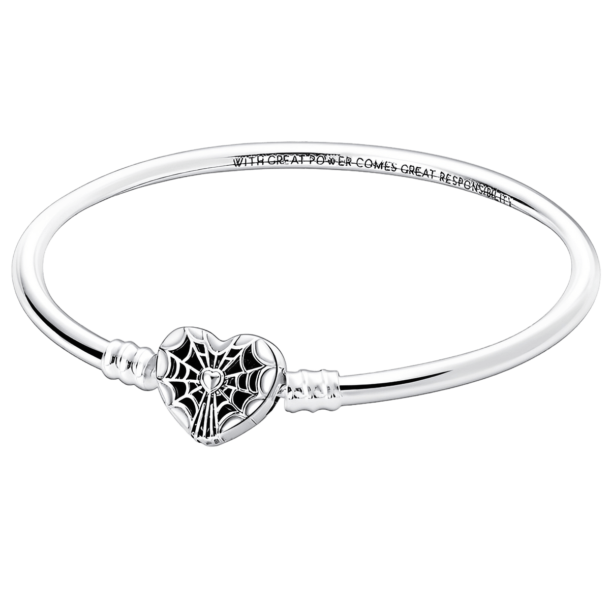 Marvel Spider-Man Heart Bangle featuring a silver bracelet with a Spider-Man heart clasp and engraved message inside.